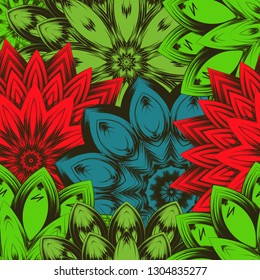Seamless floral background. Tracery handmade nature ethnic fabric backdrop pattern with flowers. Textile design texture. Decorative color art. Vector