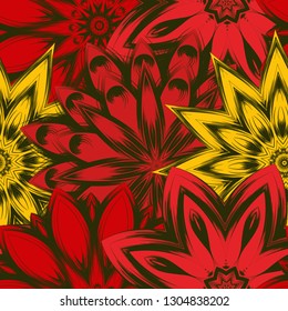 Seamless floral background. Tracery handmade nature ethnic fabric backdrop pattern with flowers. Textile design texture. Decorative color art. Vector