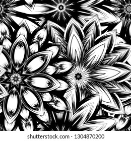 Seamless floral background. Tracery handmade nature ethnic fabric backdrop pattern with saturated dark flowers. Textile design texture. Decorative binary monochrome black and white art. Vector