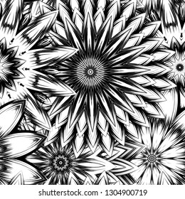 Seamless floral background. Tracery handmade nature ethnic fabric backdrop pattern with saturated dark flowers. Textile design texture. Decorative binary monochrome black and white art. Vector