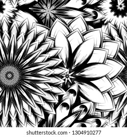 Seamless floral background. Tracery handmade nature ethnic fabric backdrop pattern with saturated dark flowers. Textile design texture. Decorative binary monochrome black and white art. Vector