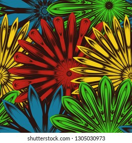 Seamless floral background. Tracery handmade nature ethnic fabric backdrop pattern with flowers. Textile design texture. Decorative color art. Vector