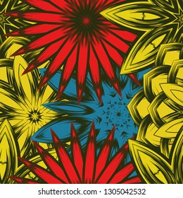 Seamless floral background. Tracery handmade nature ethnic fabric backdrop pattern with flowers. Textile design texture. Decorative color art. Vector
