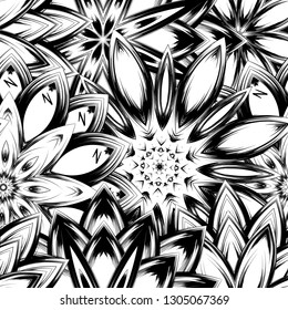 Seamless floral background. Tracery handmade nature ethnic fabric backdrop pattern with saturated dark flowers. Textile design texture. Decorative binary monochrome black and white art. Vector