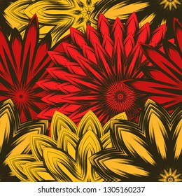 Seamless floral background. Tracery handmade nature ethnic fabric backdrop pattern with flowers. Textile design texture. Decorative color art. Vector