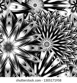 Seamless floral background. Tracery handmade nature ethnic fabric backdrop pattern with saturated dark flowers. Textile design texture. Decorative binary monochrome black and white art. Vector