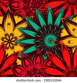 Seamless floral background. Tracery handmade nature ethnic fabric backdrop pattern with flowers. Textile design texture. Decorative color art. Vector