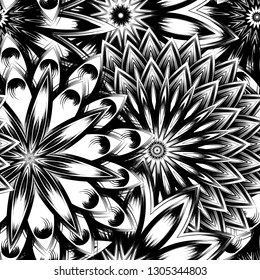 Seamless floral background. Tracery handmade nature ethnic fabric backdrop pattern with saturated dark flowers. Textile design texture. Decorative binary monochrome black and white art. Vector