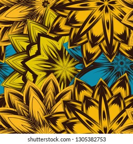 Seamless floral background. Tracery handmade nature ethnic fabric backdrop pattern with flowers. Textile design texture. Decorative color art. Vector