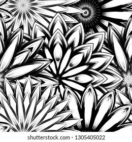 Seamless floral background. Tracery handmade nature ethnic fabric backdrop pattern with saturated dark flowers. Textile design texture. Decorative binary monochrome black and white art. Vector