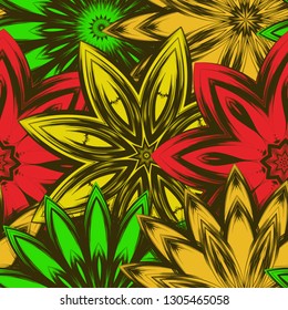 Seamless floral background. Tracery handmade nature ethnic fabric backdrop pattern with flowers. Textile design texture. Decorative color art. Vector