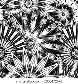 Seamless floral background. Tracery handmade nature ethnic fabric backdrop pattern with saturated dark flowers. Textile design texture. Decorative binary monochrome black and white art. Vector