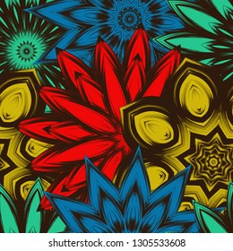 Seamless floral background. Tracery handmade nature ethnic fabric backdrop pattern with flowers. Textile design texture. Decorative color art. Vector
