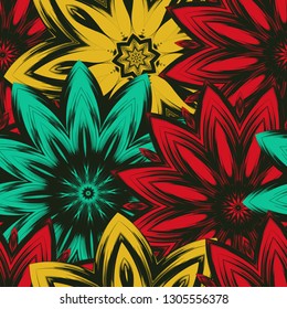 Seamless floral background. Tracery handmade nature ethnic fabric backdrop pattern with flowers. Textile design texture. Decorative color art. Vector