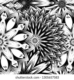 Seamless floral background. Tracery handmade nature ethnic fabric backdrop pattern with saturated dark flowers. Textile design texture. Decorative binary monochrome black and white art. Vector