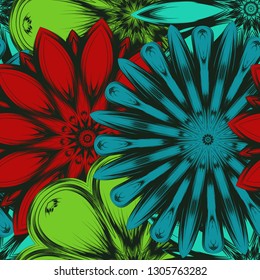 Seamless floral background. Tracery handmade nature ethnic fabric backdrop pattern with flowers. Textile design texture. Decorative color art. Vector