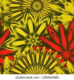 Seamless floral background. Tracery handmade nature ethnic fabric backdrop pattern with flowers. Textile design texture. Decorative color art. Vector