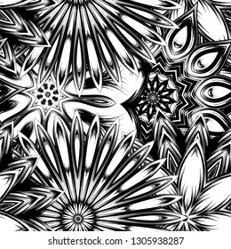 Seamless floral background. Tracery handmade nature ethnic fabric backdrop pattern with saturated dark flowers. Textile design texture. Decorative binary monochrome black and white art. Vector