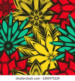Seamless floral background. Tracery handmade nature ethnic fabric backdrop pattern with flowers. Textile design texture. Decorative color art. Vector