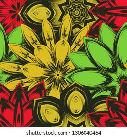 Seamless floral background. Tracery handmade nature ethnic fabric backdrop pattern with flowers. Textile design texture. Decorative color art. Vector