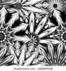 Seamless floral background. Tracery handmade nature ethnic fabric backdrop pattern with saturated dark flowers. Textile design texture. Decorative binary monochrome black and white art. Vector
