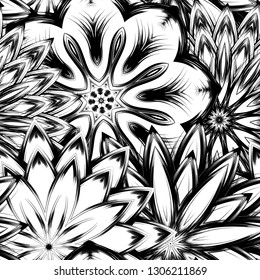 Seamless floral background. Tracery handmade nature ethnic fabric backdrop pattern with saturated dark flowers. Textile design texture. Decorative binary monochrome black and white art. Vector