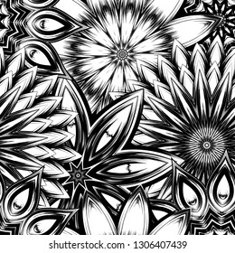 Seamless floral background. Tracery handmade nature ethnic fabric backdrop pattern with saturated dark flowers. Textile design texture. Decorative binary monochrome black and white art. Vector