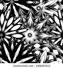 Seamless floral background. Tracery handmade nature ethnic fabric backdrop pattern with saturated dark flowers. Textile design texture. Decorative binary monochrome black and white art. Vector