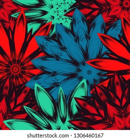 Seamless floral background. Tracery handmade nature ethnic fabric backdrop pattern with flowers. Textile design texture. Decorative color art. Vector