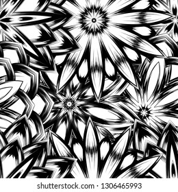 Seamless floral background. Tracery handmade nature ethnic fabric backdrop pattern with saturated dark flowers. Textile design texture. Decorative binary monochrome black and white art. Vector