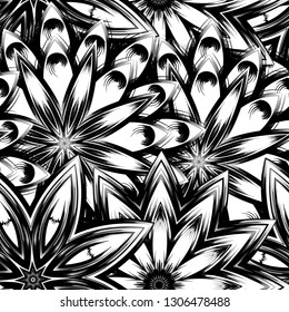 Seamless floral background. Tracery handmade nature ethnic fabric backdrop pattern with saturated dark flowers. Textile design texture. Decorative binary monochrome black and white art. Vector