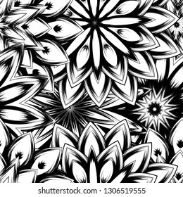 Seamless floral background. Tracery handmade nature ethnic fabric backdrop pattern with saturated dark flowers. Textile design texture. Decorative binary monochrome black and white art. Vector