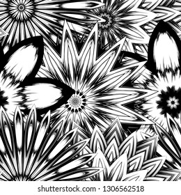 Seamless floral background. Tracery handmade nature ethnic fabric backdrop pattern with saturated dark flowers. Textile design texture. Decorative binary monochrome black and white art. Vector