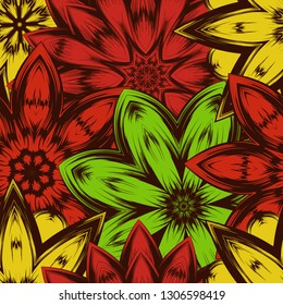 Seamless floral background. Tracery handmade nature ethnic fabric backdrop pattern with flowers. Textile design texture. Decorative color art. Vector