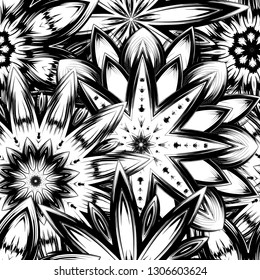 Seamless floral background. Tracery handmade nature ethnic fabric backdrop pattern with saturated dark flowers. Textile design texture. Decorative binary monochrome black and white art. Vector
