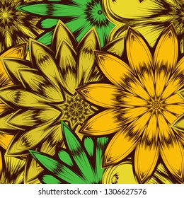 Seamless floral background. Tracery handmade nature ethnic fabric backdrop pattern with flowers. Textile design texture. Decorative color art. Vector