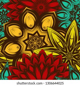 Seamless floral background. Tracery handmade nature ethnic fabric backdrop pattern with flowers. Textile design texture. Decorative color art. Vector