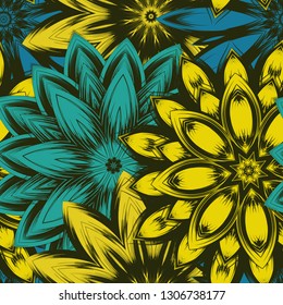 Seamless floral background. Tracery handmade nature ethnic fabric backdrop pattern with flowers. Textile design texture. Decorative color art. Vector
