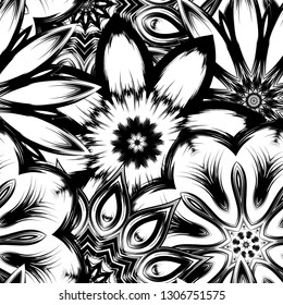 Seamless floral background. Tracery handmade nature ethnic fabric backdrop pattern with saturated dark flowers. Textile design texture. Decorative binary monochrome black and white art. Vector
