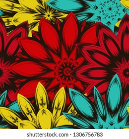 Seamless floral background. Tracery handmade nature ethnic fabric backdrop pattern with flowers. Textile design texture. Decorative color art. Vector