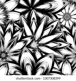 Seamless floral background. Tracery handmade nature ethnic fabric backdrop pattern with saturated dark flowers. Textile design texture. Decorative binary monochrome black and white art. Vector