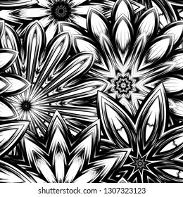 Seamless floral background. Tracery handmade nature ethnic fabric backdrop pattern with saturated dark flowers. Textile design texture. Decorative binary monochrome black and white art. Vector