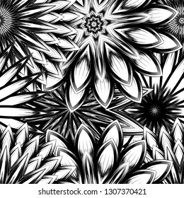 Seamless floral background. Tracery handmade nature ethnic fabric backdrop pattern with saturated dark flowers. Textile design texture. Decorative binary monochrome black and white art. Vector