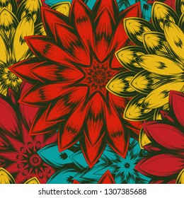 Seamless floral background. Tracery handmade nature ethnic fabric backdrop pattern with flowers. Textile design texture. Decorative color art. Vector