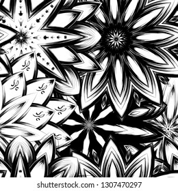 Seamless floral background. Tracery handmade nature ethnic fabric backdrop pattern with saturated dark flowers. Textile design texture. Decorative binary monochrome black and white art. Vector