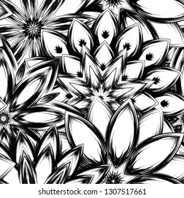 Seamless floral background. Tracery handmade nature ethnic fabric backdrop pattern with saturated dark flowers. Textile design texture. Decorative binary monochrome black and white art. Vector