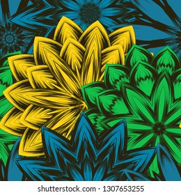 Seamless floral background. Tracery handmade nature ethnic fabric backdrop pattern with flowers. Textile design texture. Decorative color art. Vector