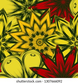 Seamless floral background. Tracery handmade nature ethnic fabric backdrop pattern with flowers. Textile design texture. Decorative color art. Vector