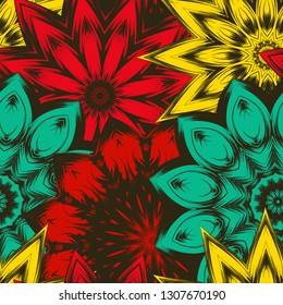 Seamless floral background. Tracery handmade nature ethnic fabric backdrop pattern with flowers. Textile design texture. Decorative color art. Vector