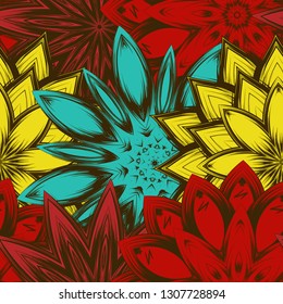 Seamless floral background. Tracery handmade nature ethnic fabric backdrop pattern with flowers. Textile design texture. Decorative color art. Vector